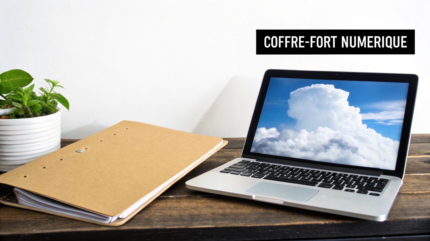 Ordinateur portable affichant des nuages, un dossier et une plante, symbolisant un coffre-fort numérique sécurisé.