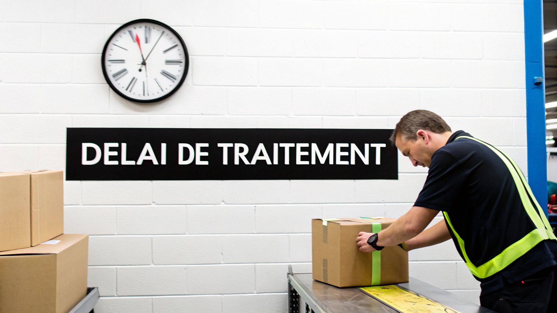 Travailleur traitant un colis, avec horloge et panneau de délai de traitement en arrière-plan.