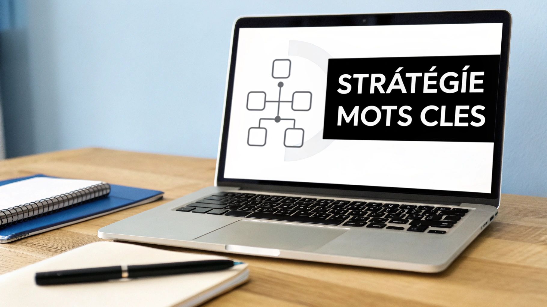 Un ordinateur portable affiche une stratégie de mots-clés avec un diagramme et du texte sur un bureau en bois, avec des cahiers et un stylo.