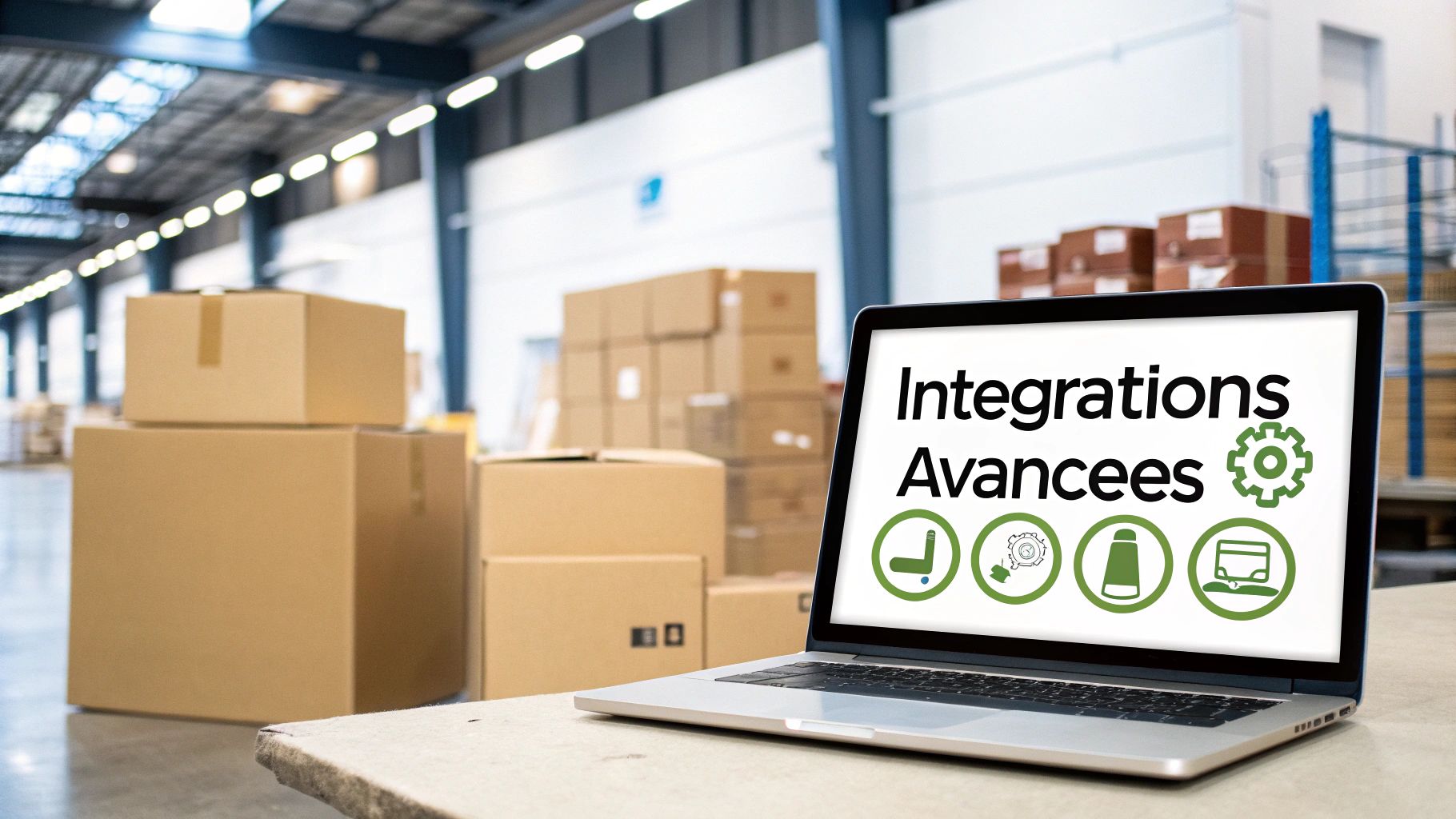Ordinateur portable sur une table dans un entrepôt avec des cartons empilés, affichant "Intégrations Avancées" et des icônes.