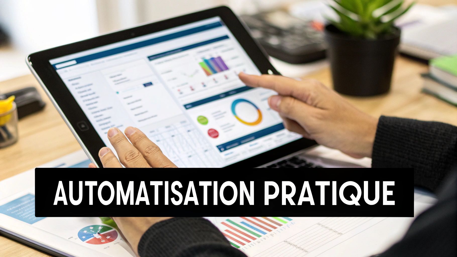 Mains interagissant avec une tablette affichant des graphiques de données pour l'automatisation pratique et l'analyse.