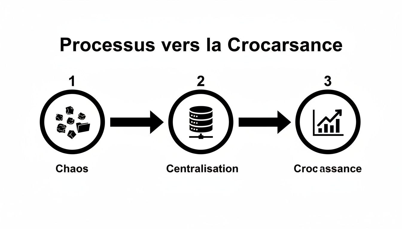 Processus en trois étapes : du chaos des données à leur centralisation, menant à la croissance (Crocassance).