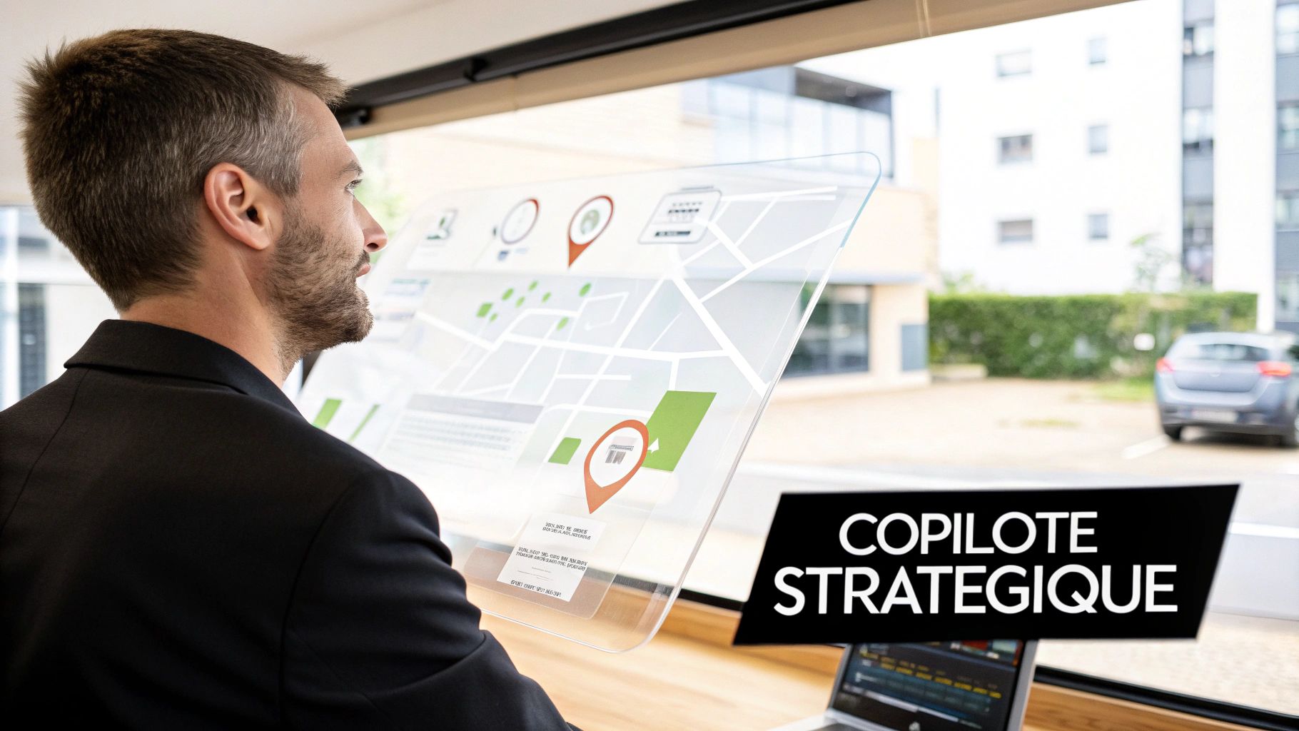 Homme consultant un écran transparent affichant une carte interactive avec des données, sous le texte 'COPILOTE STRATEGIQUE'.