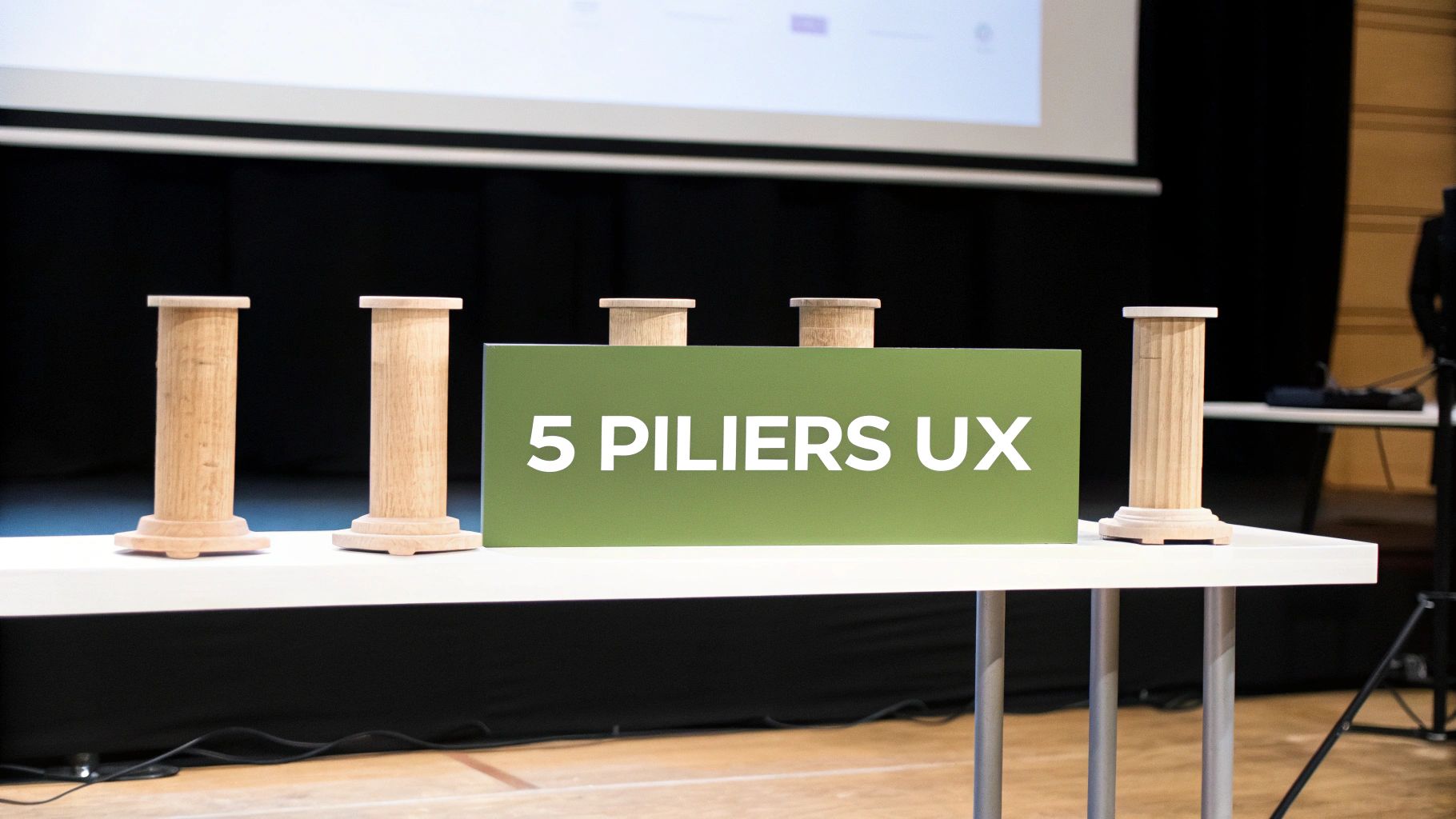 Illustration montrant cinq icônes représentant les piliers de l'UX design : utilité, utilisabilité, accessibilité, désirabilité et crédibilité