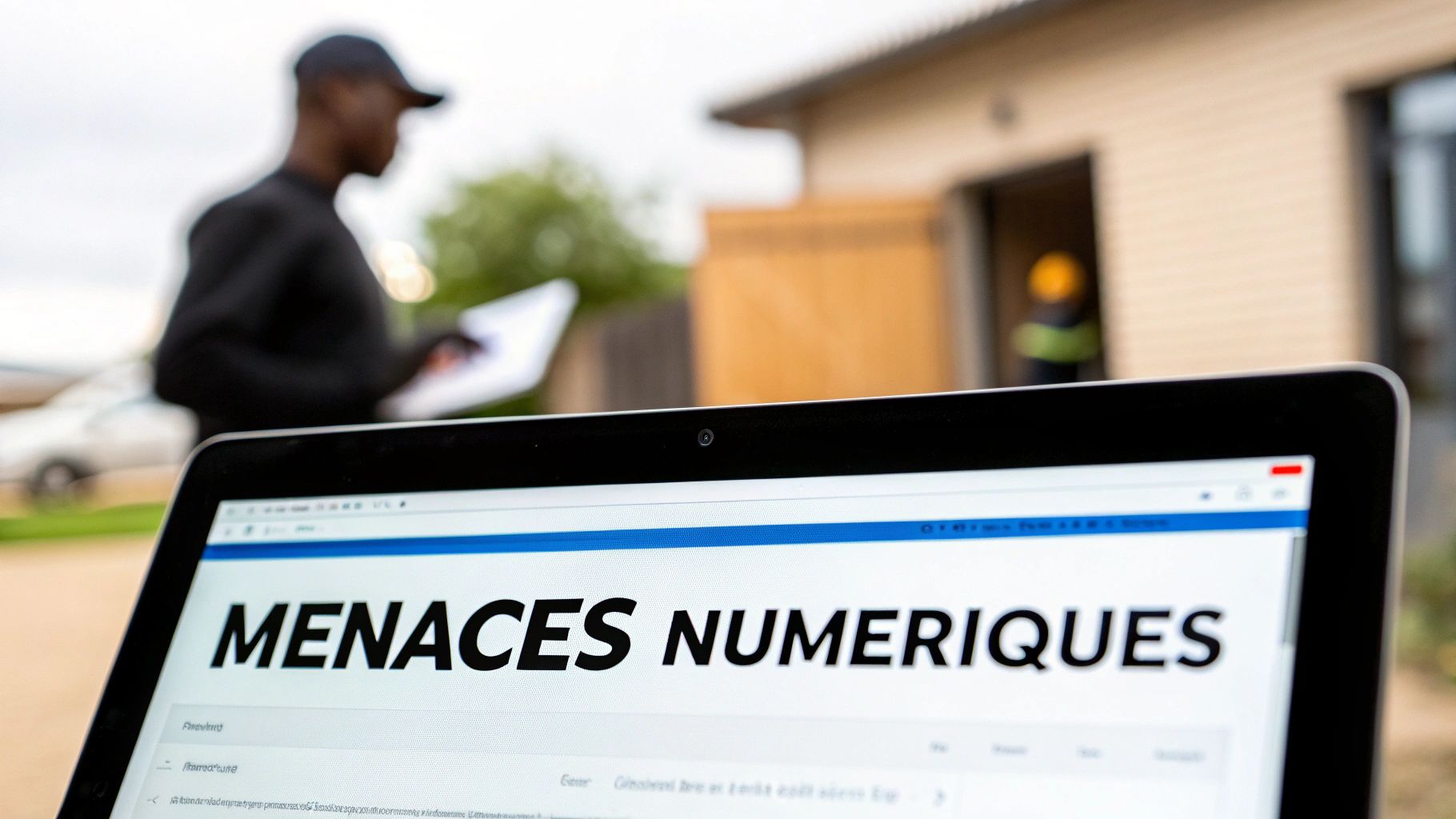 Un écran d'ordinateur portable affiche « MENACES NUMERIQUES », avec des personnes floues travaillant à l'extérieur.