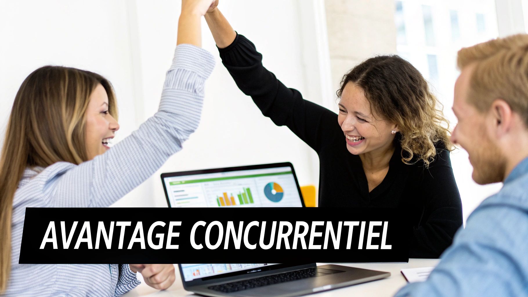 Deux femmes souriantes se donnent un high-five, célébrant le succès d'une application métier avec un collègue.