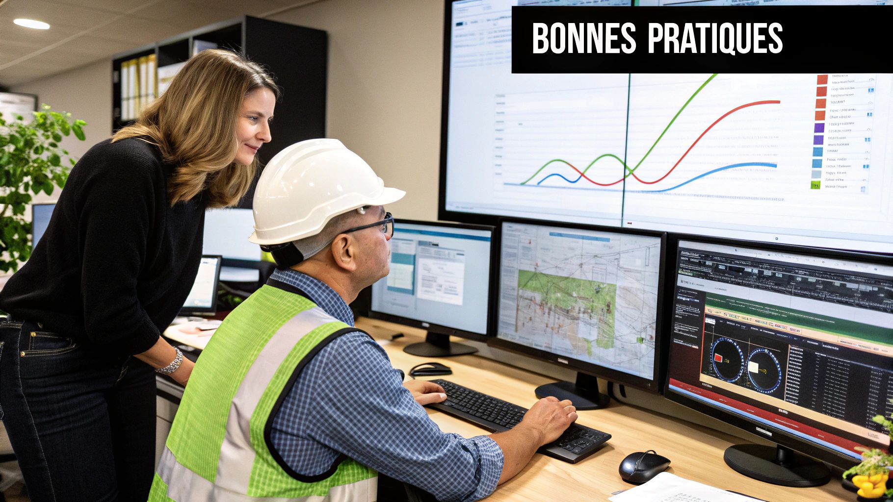 Une personne pointant du doigt des graphiques sur un écran d'ordinateur, illustrant l'analyse de données.