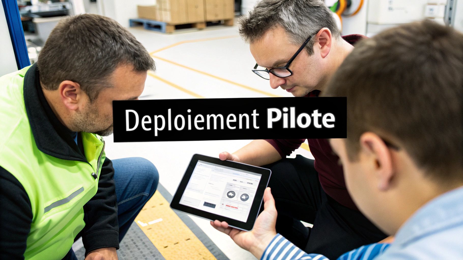 Trois hommes discutent d'un déploiement pilote en regardant une tablette dans un environnement industriel.