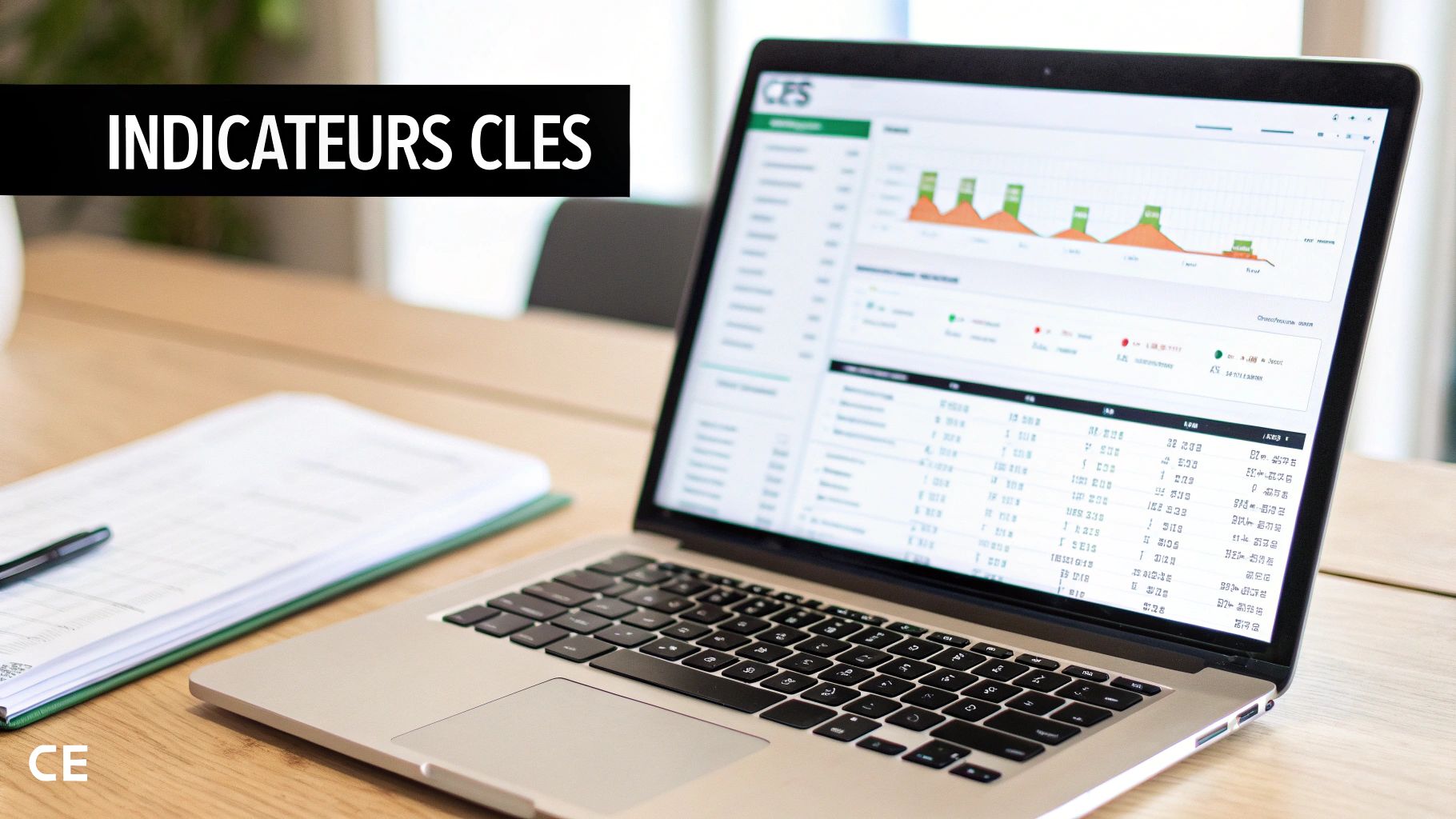 Ordinateur portable affichant des indicateurs clés et des graphiques d'analyse sur un bureau en bois, avec des documents et un stylo.
