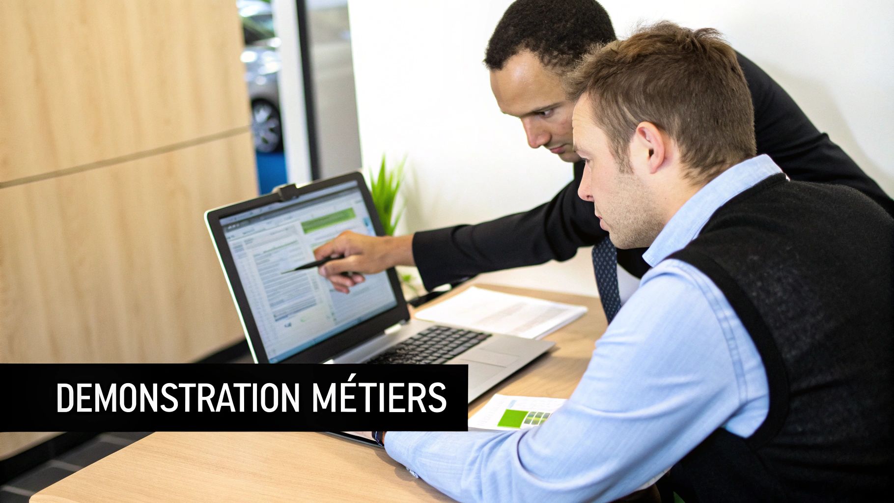 Deux hommes en tenue professionnelle regardent un ordinateur portable, l'un pointe l'écran avec un stylo lors d'une démonstration.