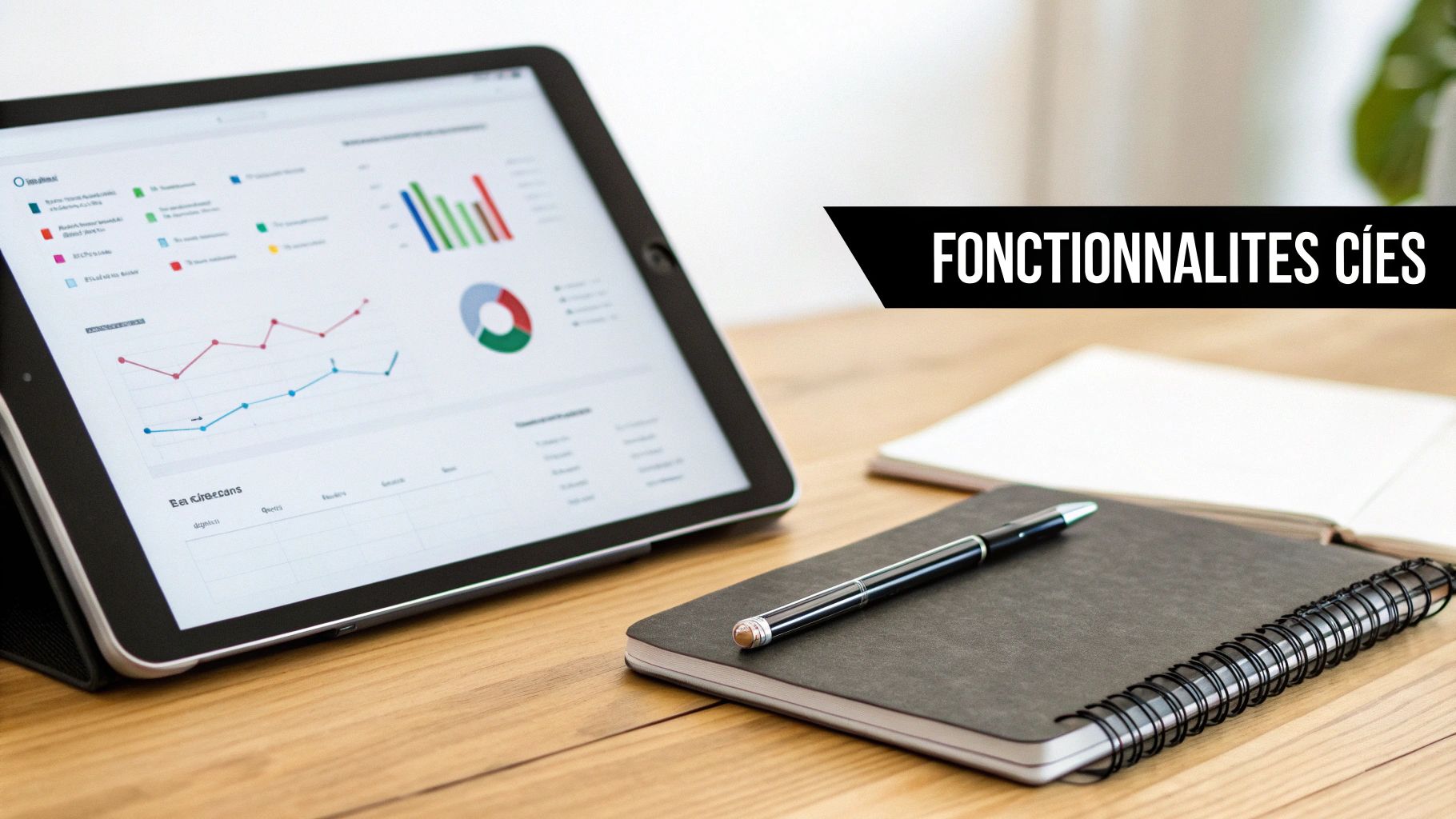 Tablette avec graphiques et données analytiques, carnet et stylo sur un bureau en bois, texte "FONCTIONNALITÉS CLÉS".