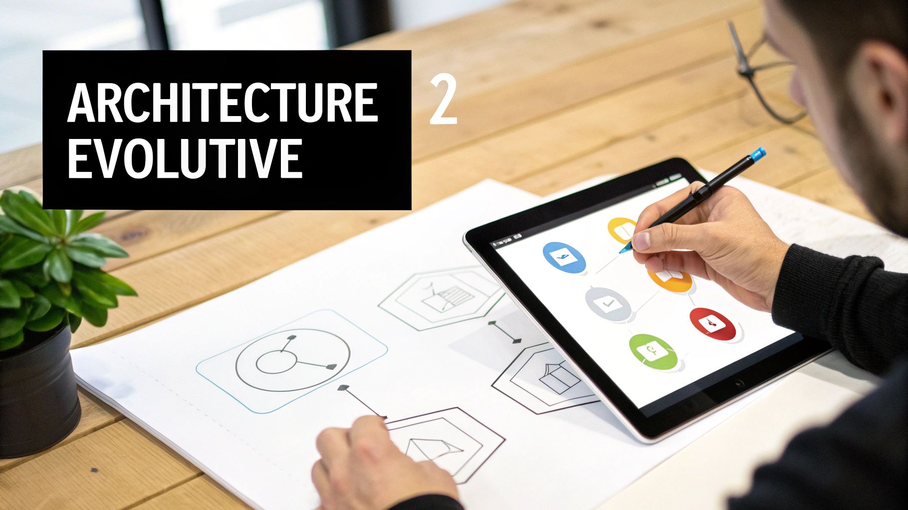 Un homme utilise une tablette et un stylet pour travailler sur un diagramme d'architecture évolutive.