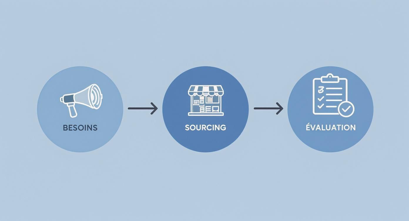 Infographie illustrant les étapes clés de la gestion des besoins à l'évaluation, avec le sourcing au milieu.
