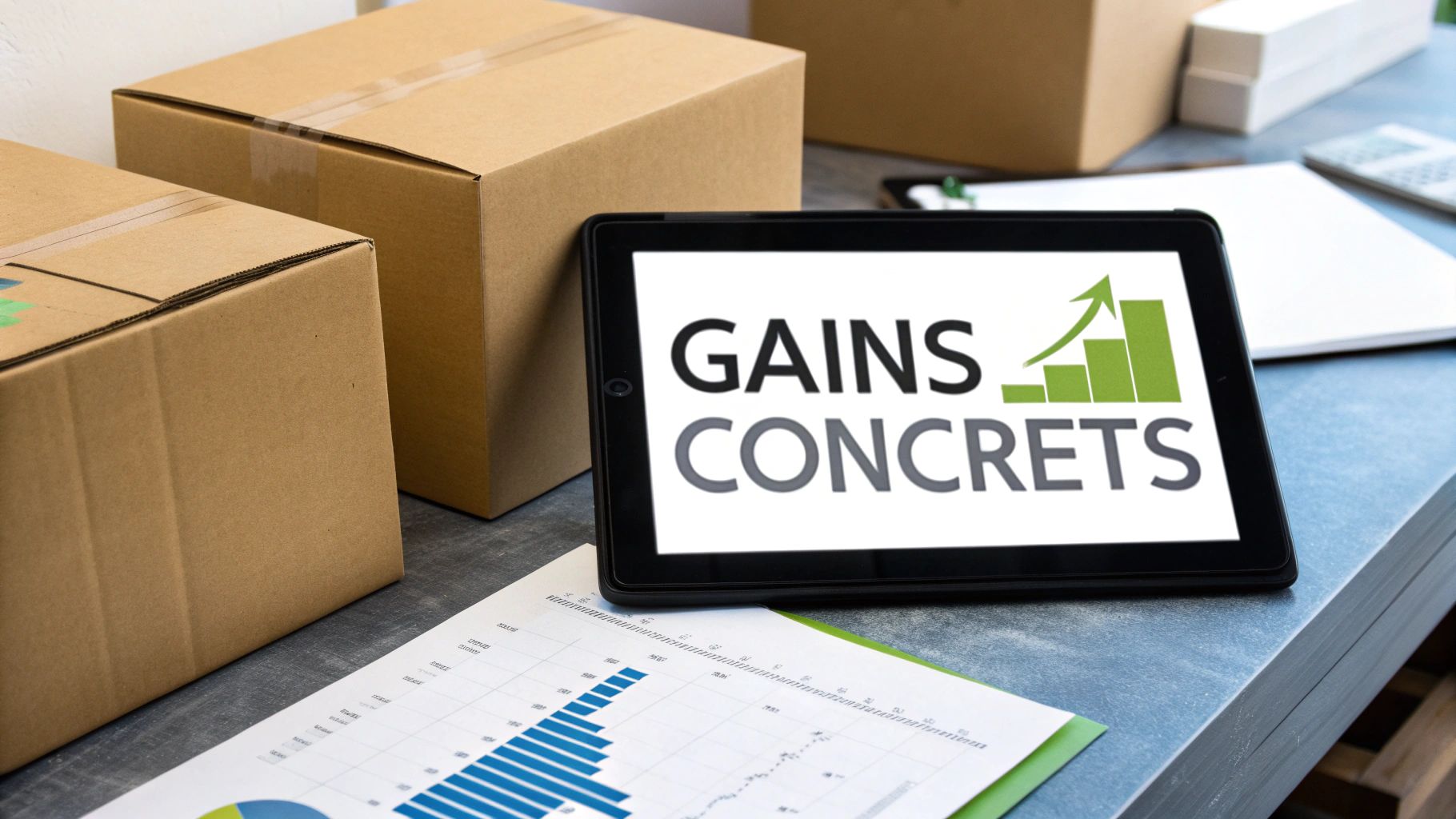 Une tablette affiche 'GAINS CONCRETS' et un graphique ascendant, près de boîtes d'expédition et de rapports d'activité.