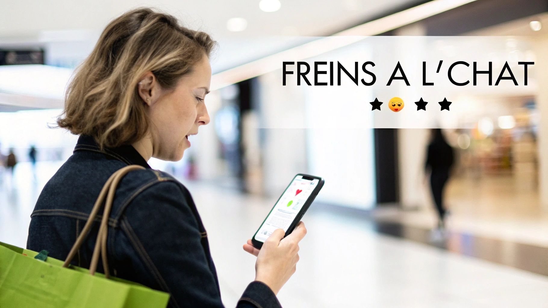 Une femme regarde attentivement son téléphone dans un centre commercial, avec le texte "FREINS A L'CHAT" et des étoiles.