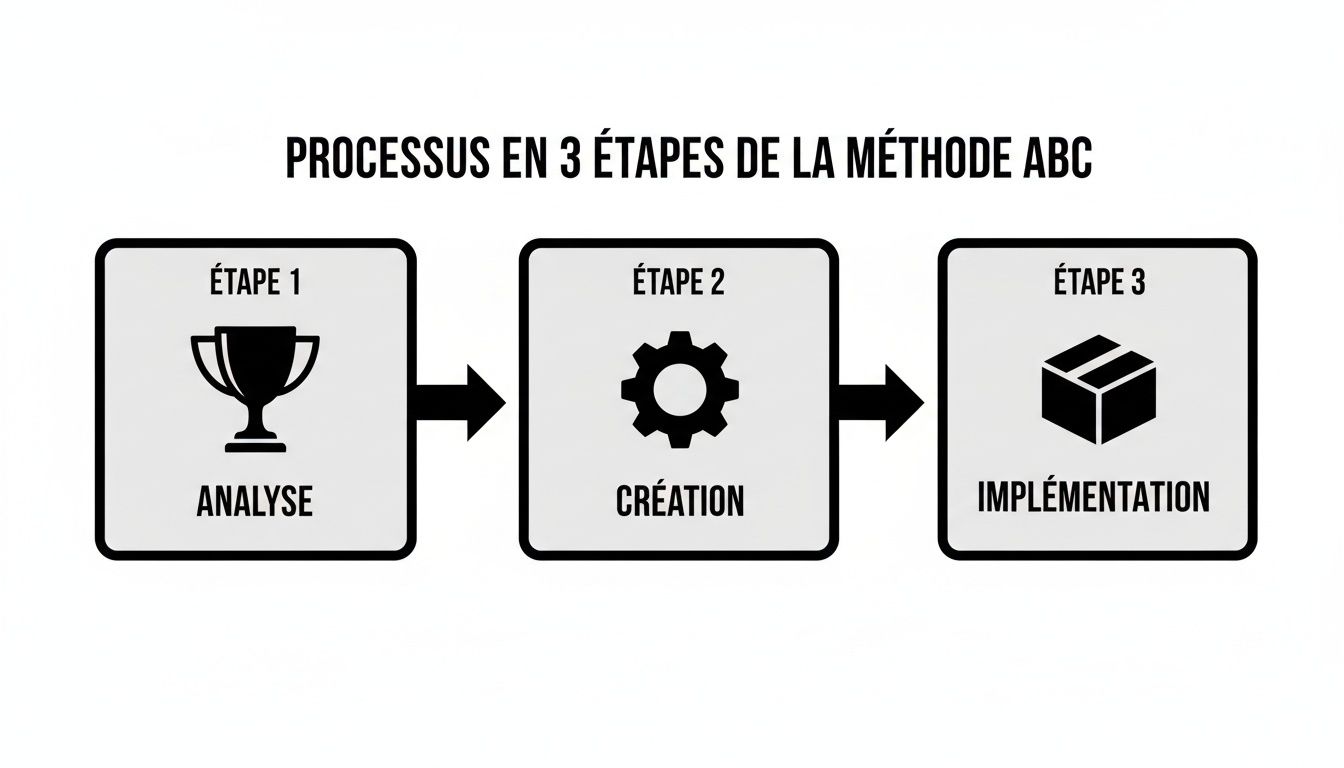Processus en 3 étapes de la méthode ABC : analyse (trophée), création (engrenage), implémentation (boîte).