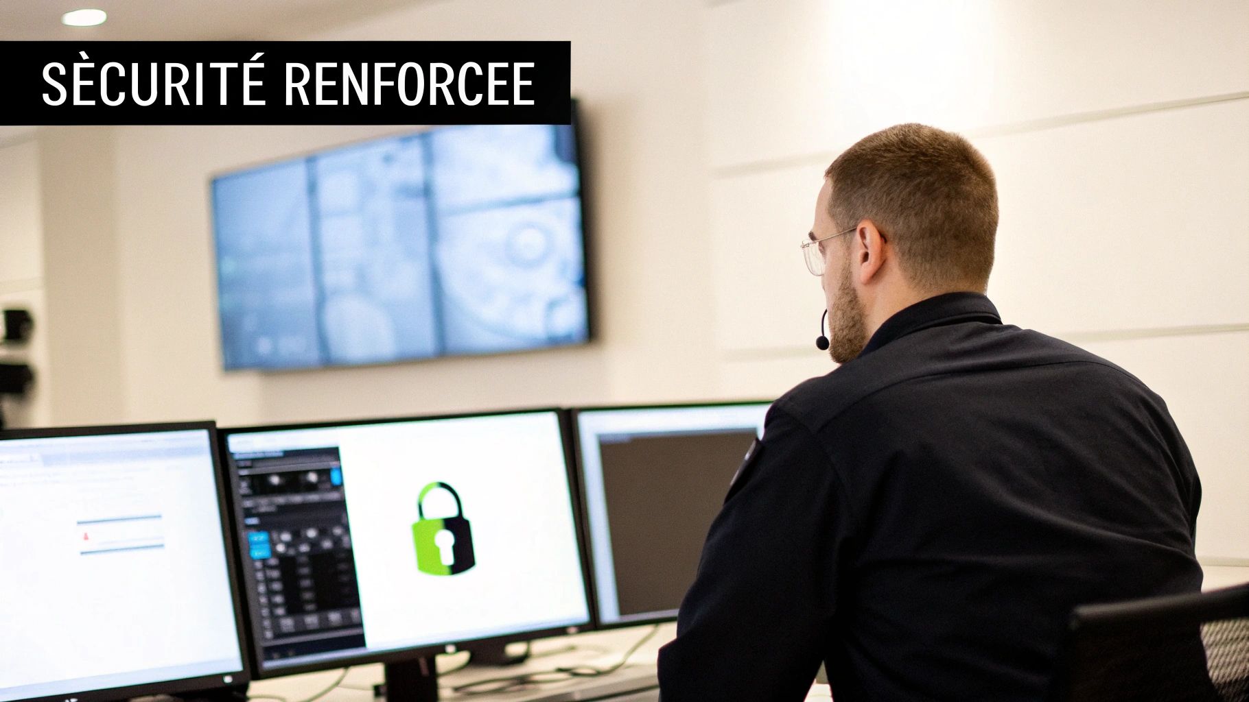 Un agent de sécurité surveille plusieurs écrans d'ordinateur, affichant des données et un cadenas vert, dans un centre de contrôle.
