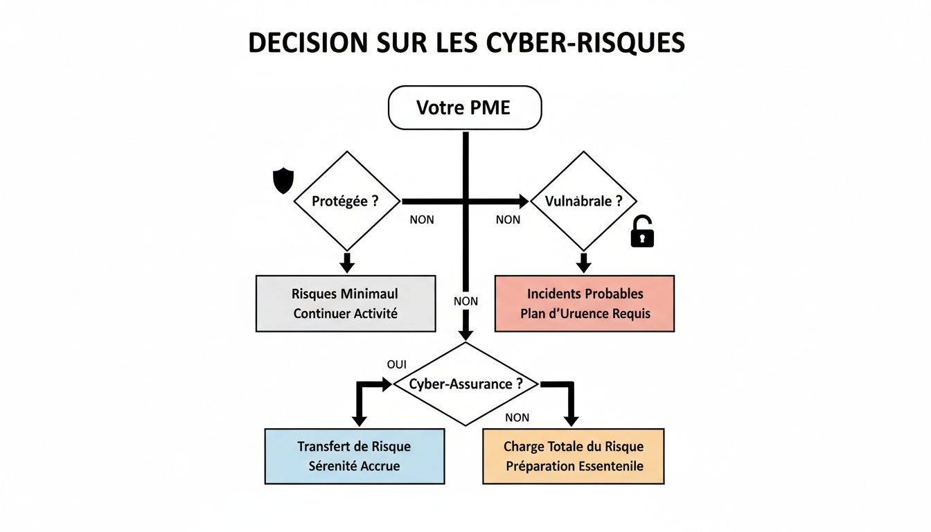 Diagramme de décision illustrant l'évaluation des cyber-risques pour une PME, la protection et la cyber-assurance.