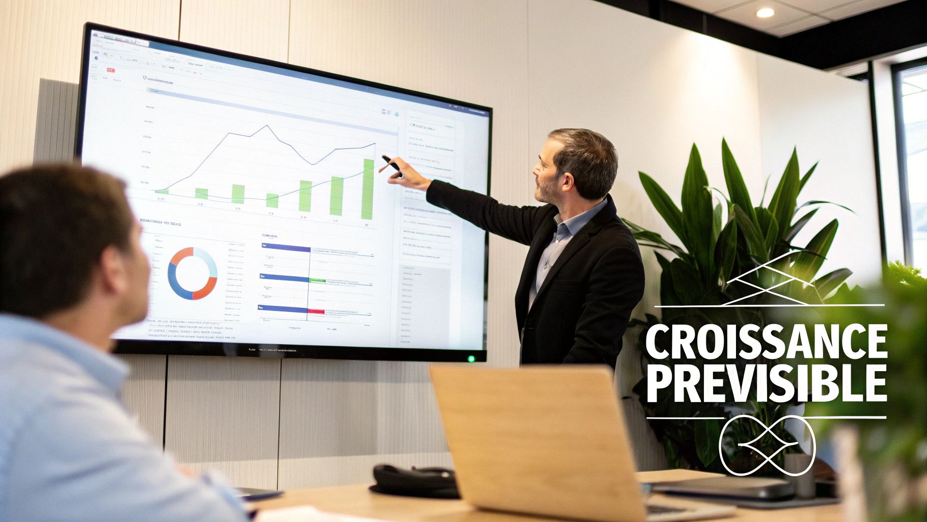 Un homme présente des données de croissance prévisible sur un grand écran lors d'une réunion d'affaires.