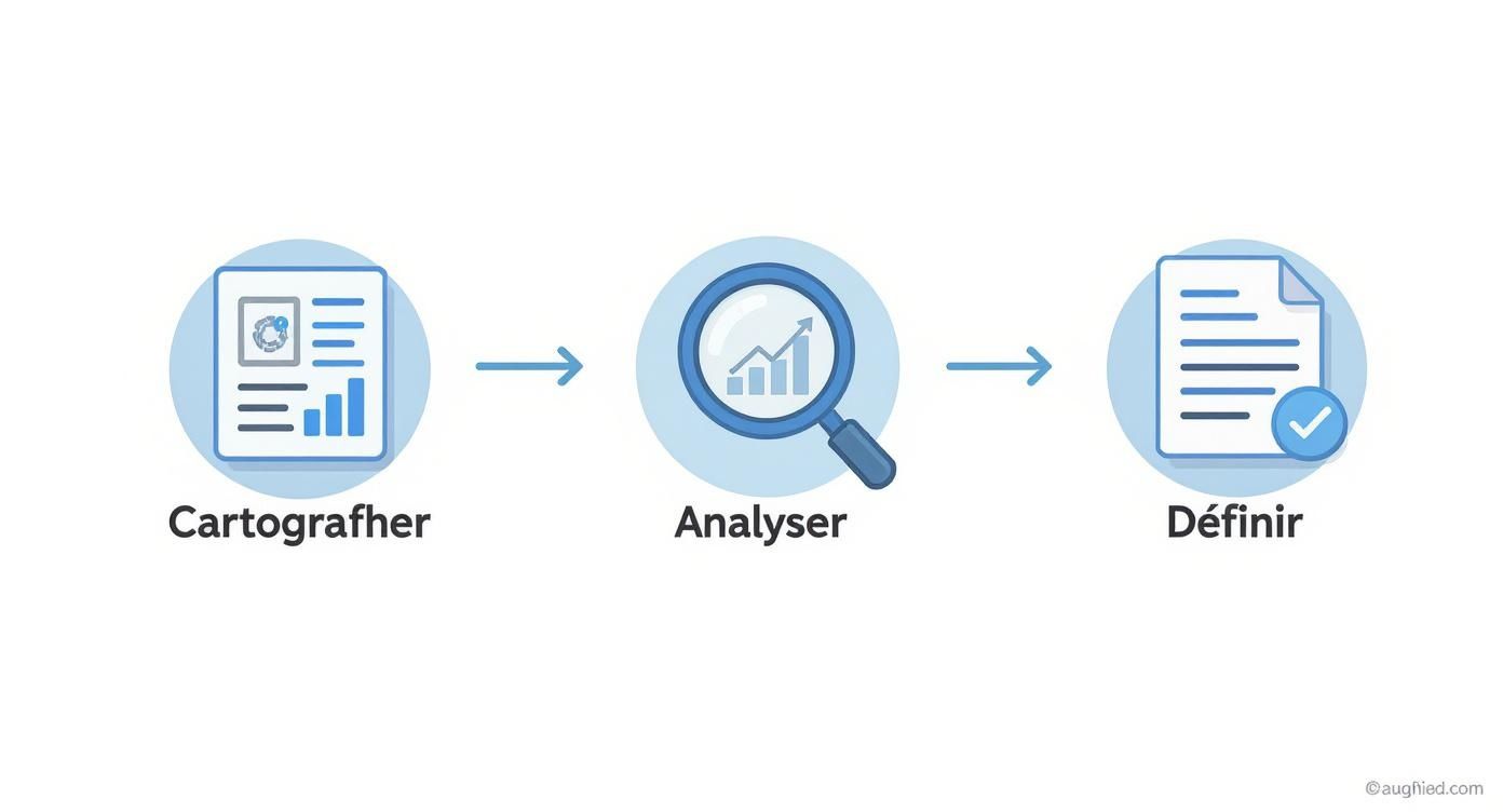 Infographie illustrant trois étapes : cartographier, analyser et définir un processus d'affaires.