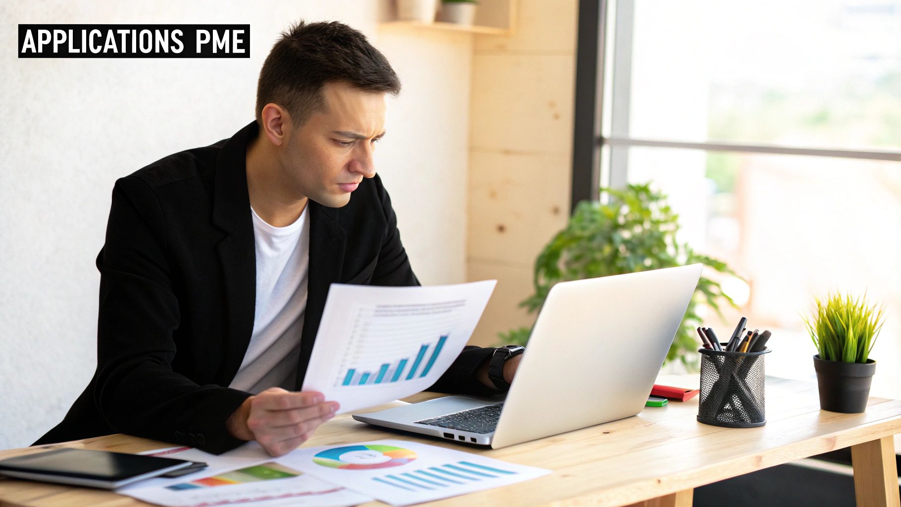 Illustration d'un dirigeant de PME utilisant des outils de machine learning sur son ordinateur