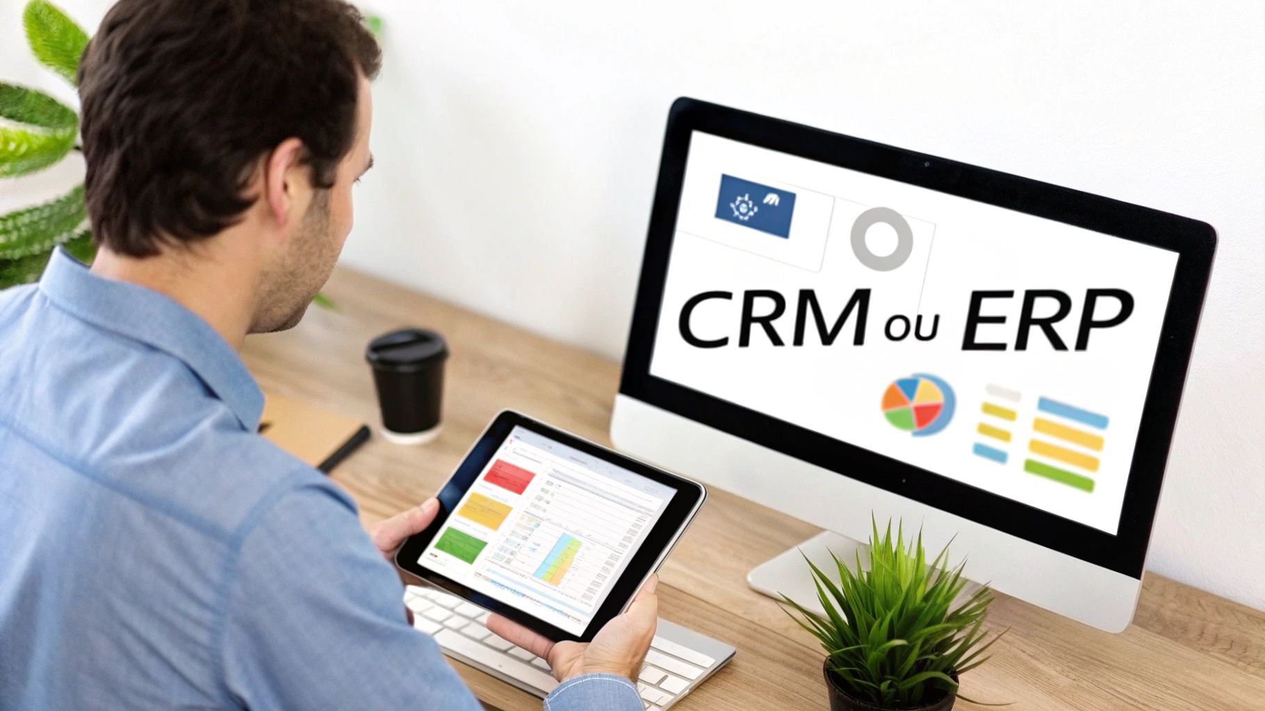 Homme travaillant sur une tablette devant un écran affichant "CRM ou ERP" et des graphiques. Contexte de bureau.