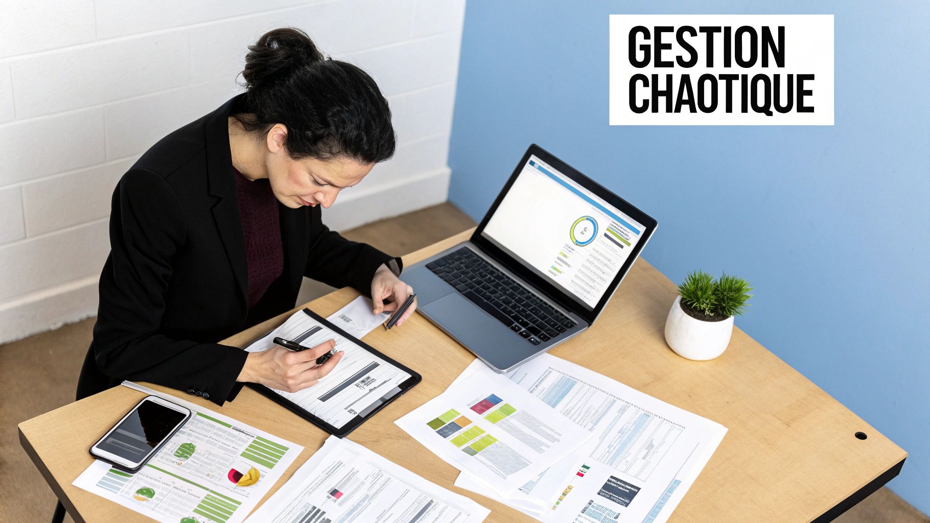 Une femme d'affaires travaille sur un bureau encombré de documents, un ordinateur portable et un téléphone, suggérant une gestion chaotique.