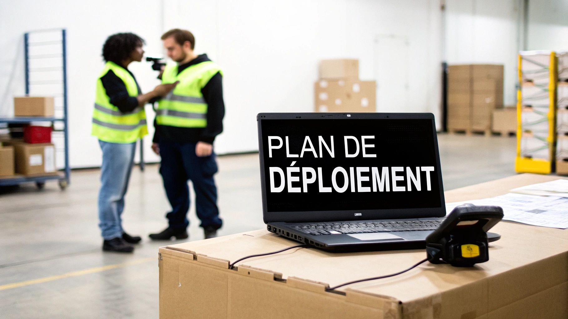 Deux employés d'entrepôt en gilets de sécurité discutent. Un ordinateur portable affiche "PLAN DE DÉPLOIEMENT" avec un scanner de codes-barres.