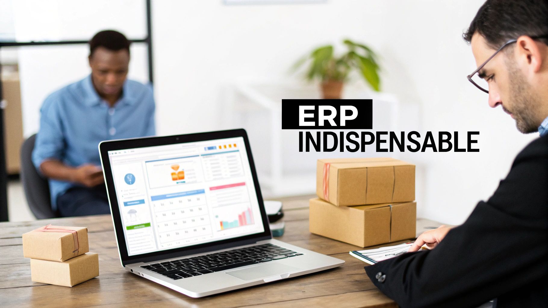 Deux professionnels gérant l'e-commerce avec un système ERP sur ordinateur portable et des cartons d'expédition.