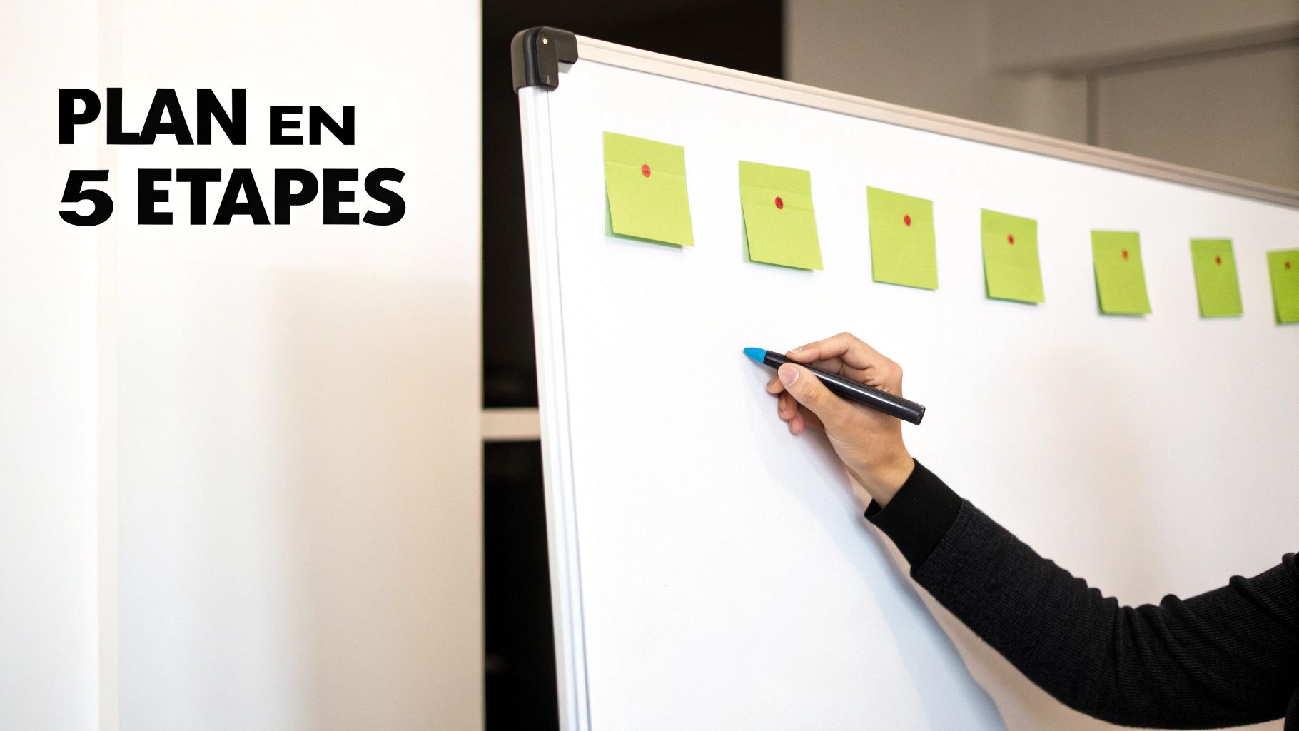 Main écrivant sur un tableau blanc avec des post-its verts, sous le titre « PLAN EN 5 ÉTAPES ».