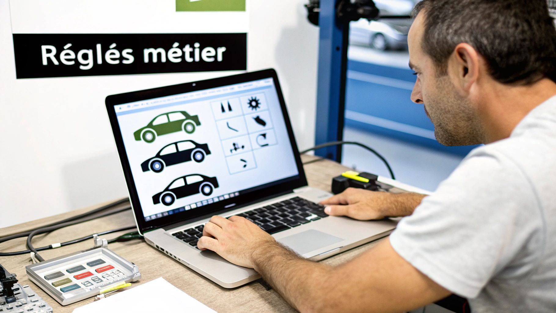 Un homme concentré travaille sur un ordinateur portable affichant des schémas de voitures et des outils graphiques.