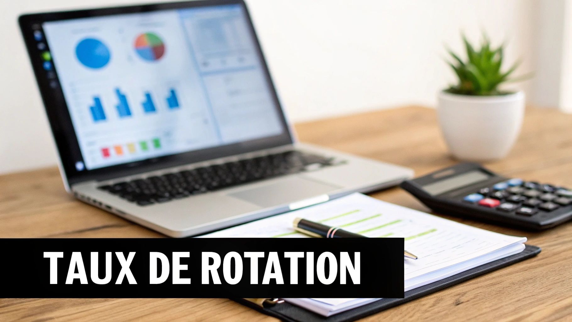 Ordinateur portable, calculatrice et documents sur un bureau, illustrant l'analyse des données et le taux de rotation.