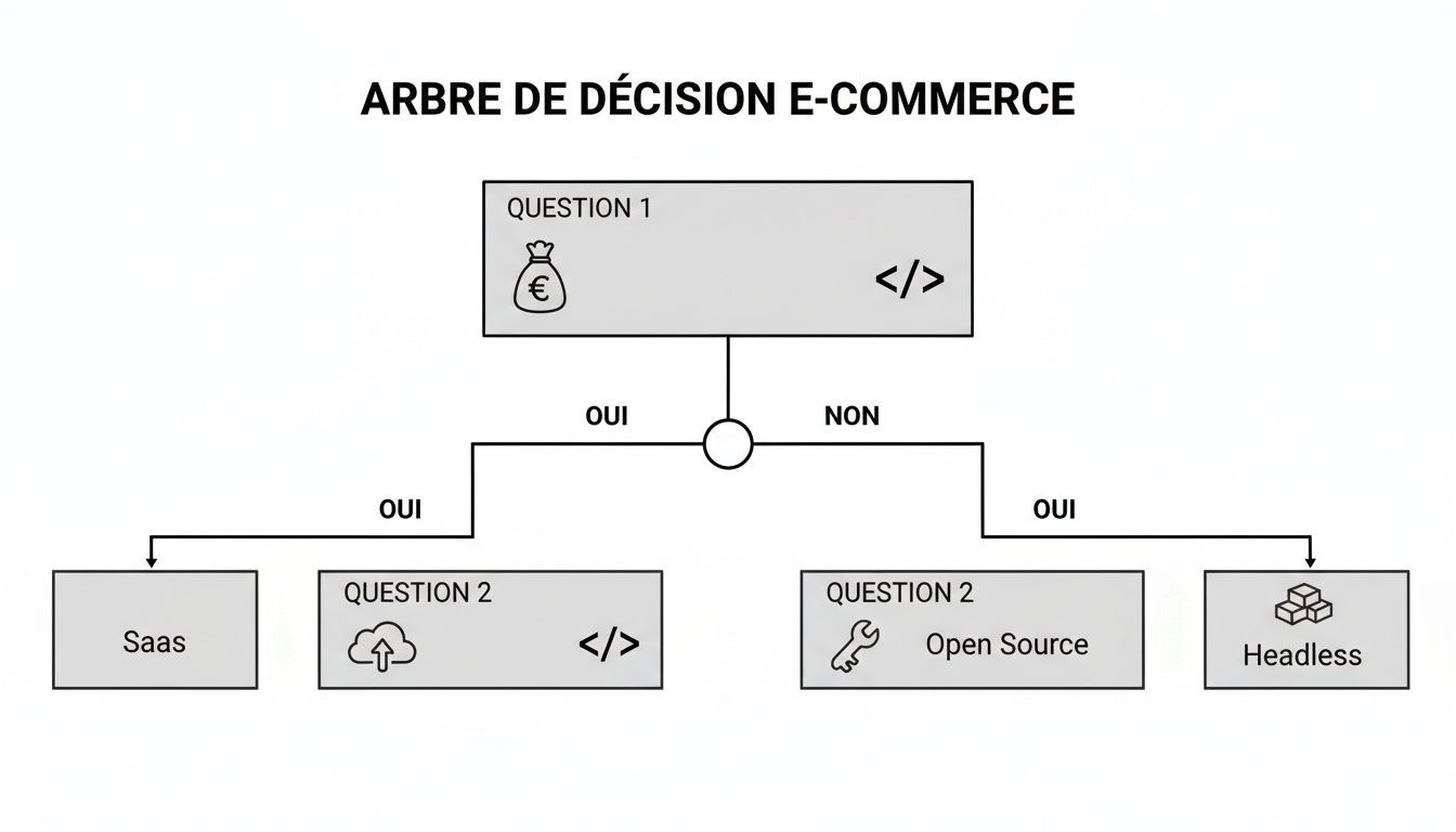 Diagramme d'arbre de décision pour choisir une solution e-commerce, explorant les options SaaS, Open Source et Headless.