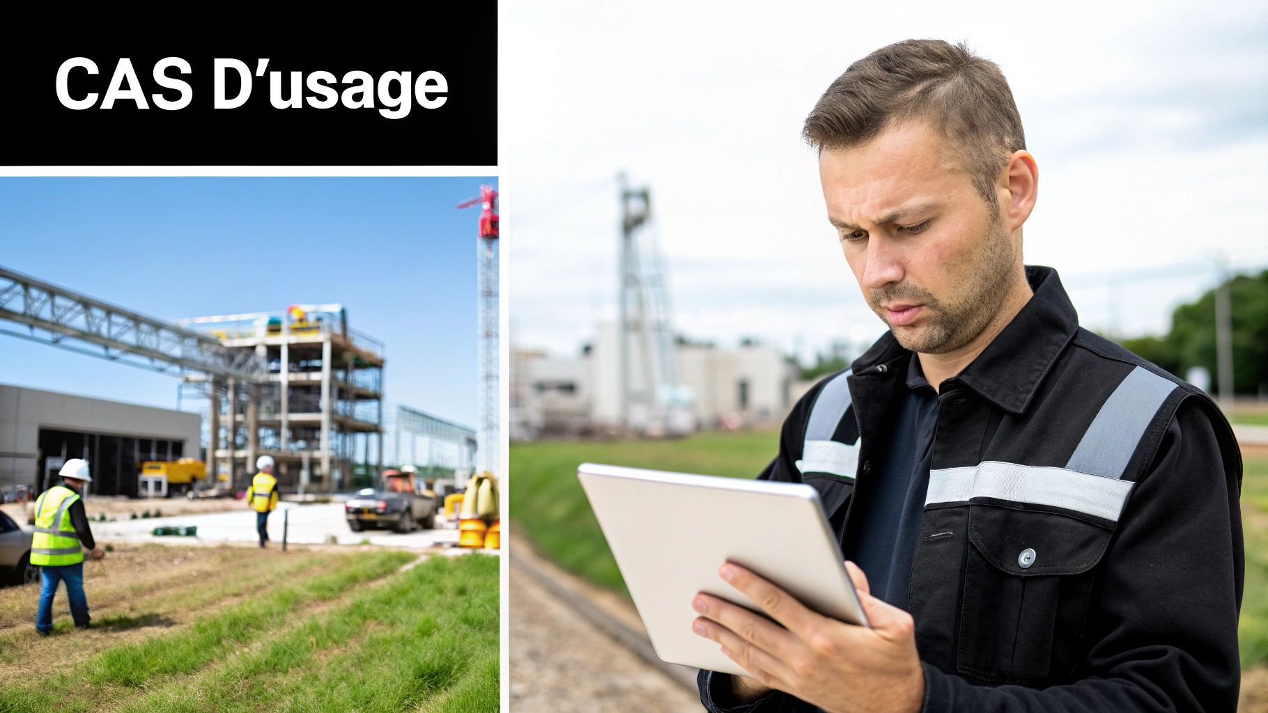 Homme avec tablette sur un chantier de construction flou, avec des travailleurs et le texte "CAS D'usage".