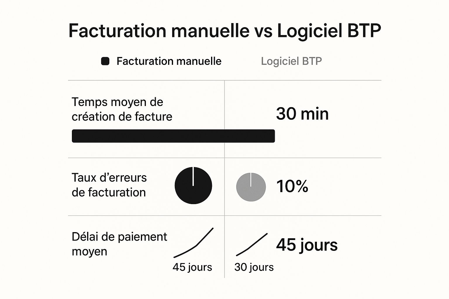 Infographie comparant la facturation manuelle à un logiciel BTP en termes de temps, d'erreurs et de délais de paiement