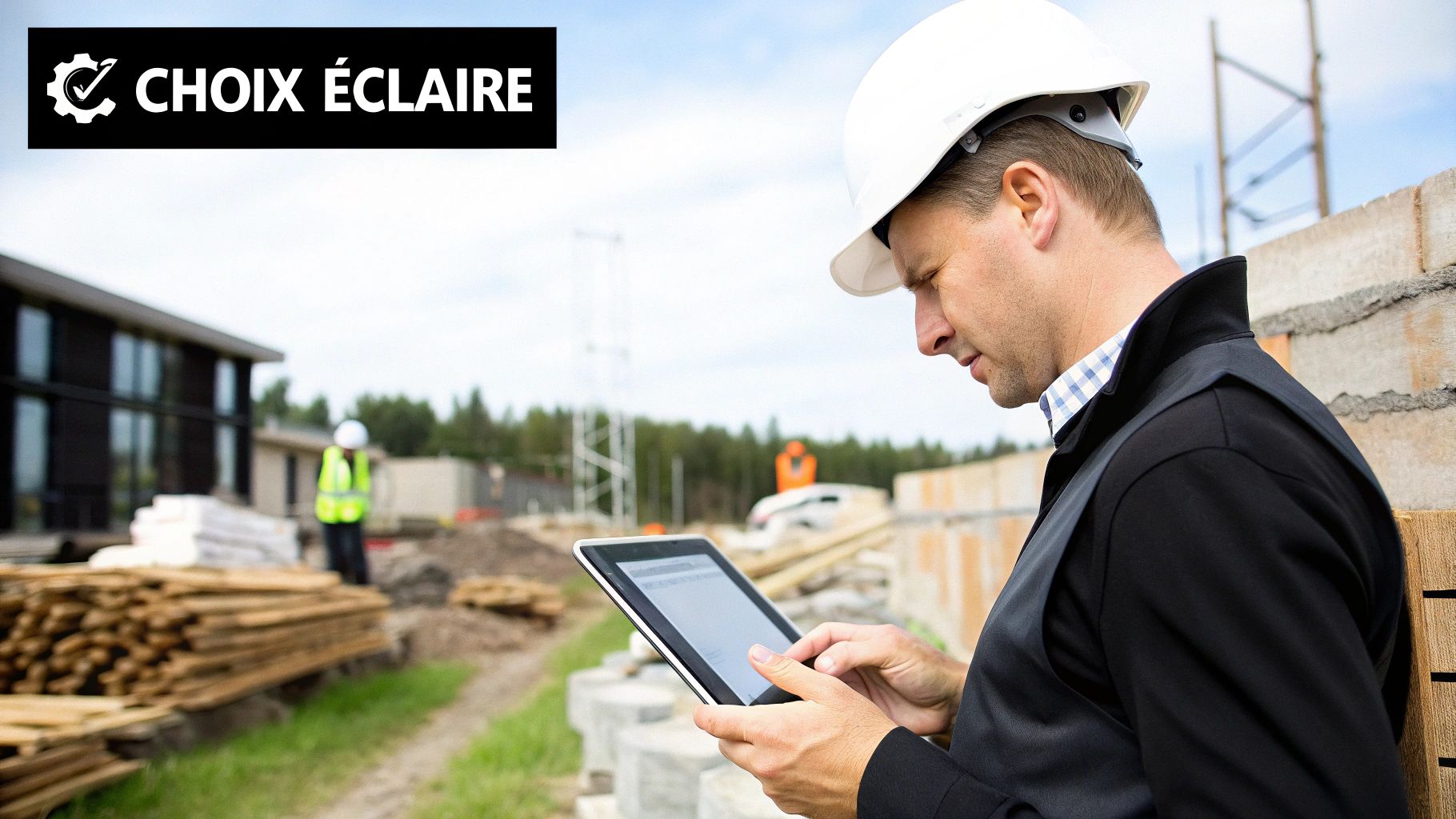 Un professionnel du BTP formant son équipe sur un nouveau logiciel de facturation dans un bureau de chantier