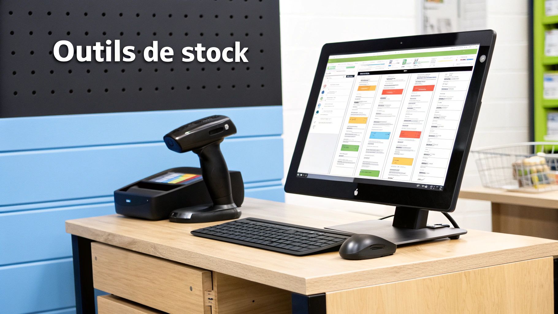 Un bureau avec un ordinateur affichant un logiciel de gestion de stock, un scanner et un terminal de paiement.