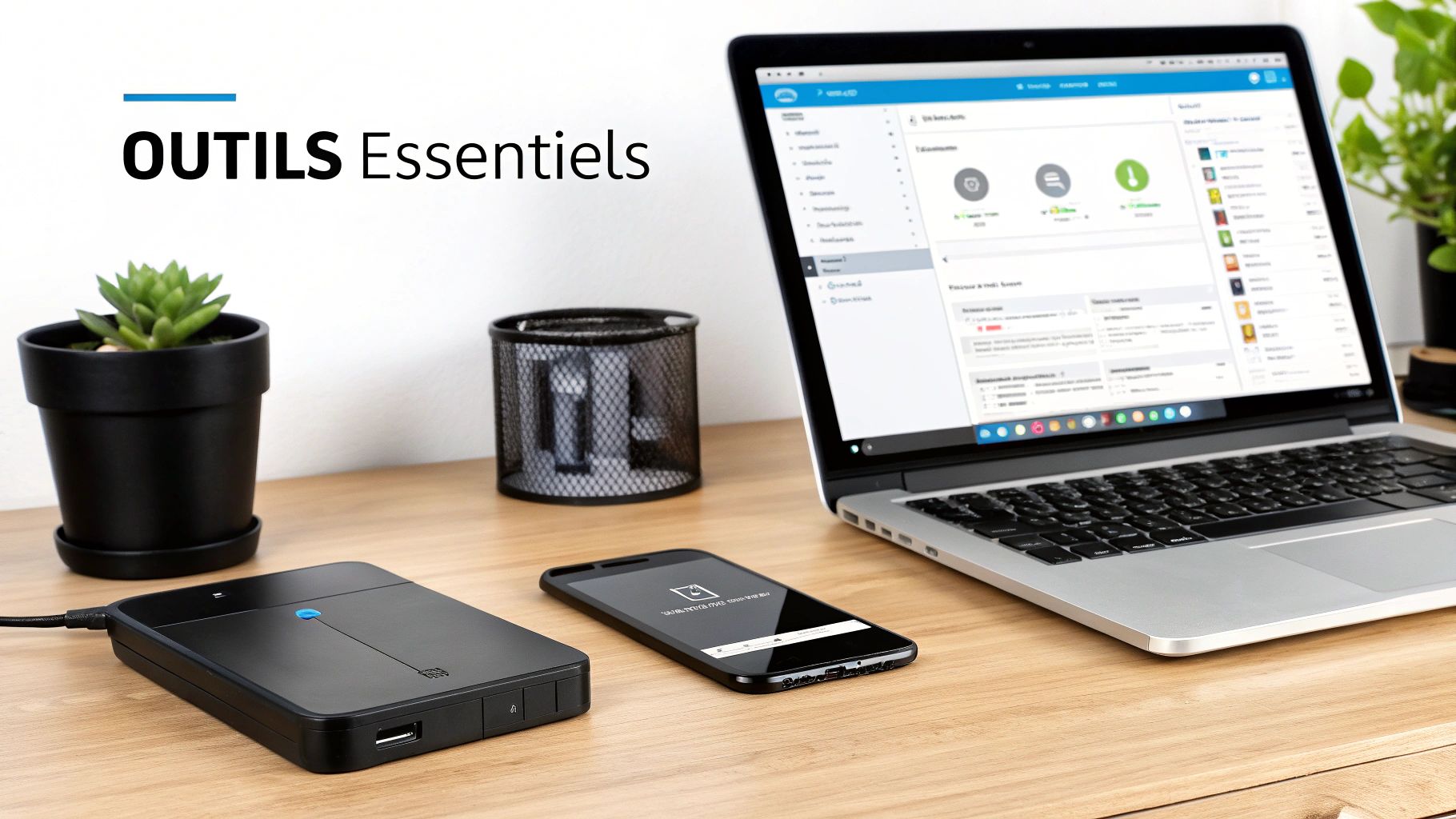 Bureau moderne avec ordinateur portable, disque dur externe, smartphone et plantes, représentant des outils essentiels pour la sécurité informatique.