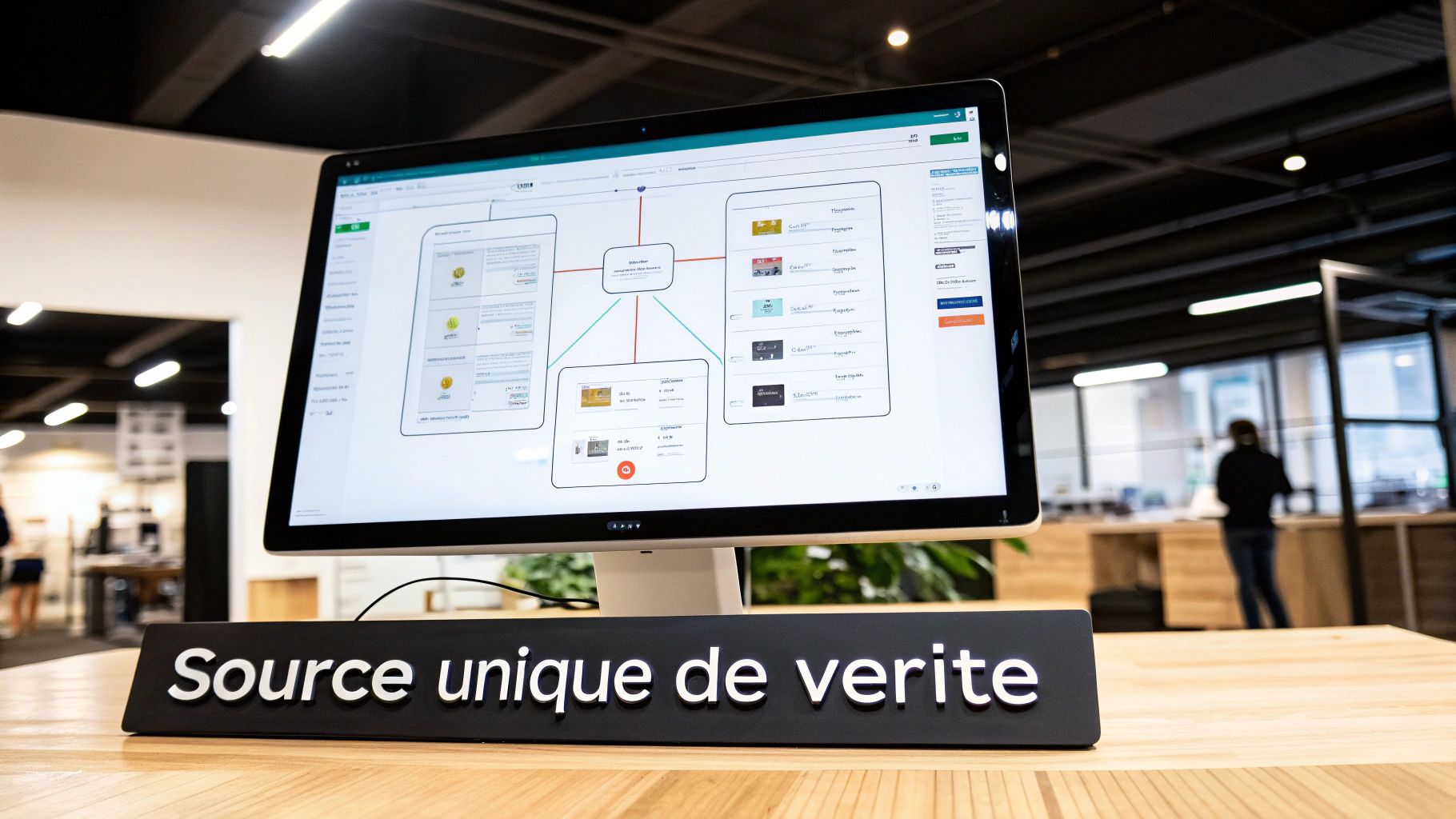 Un écran d'ordinateur affiche un diagramme complexe dans un bureau moderne avec un panneau « Source unique de vérité ».