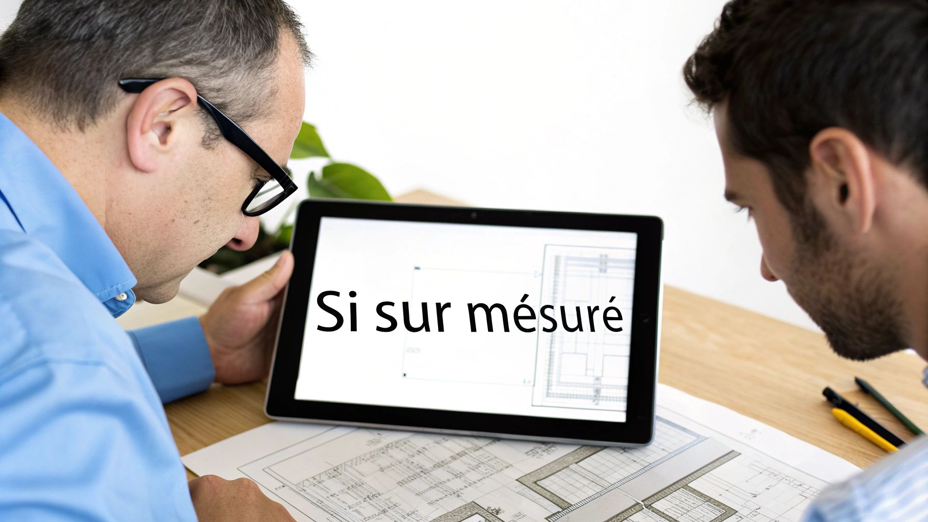 Deux hommes en chemise consultent une tablette affichant le texte "Si sur mesuré" et des plans techniques.