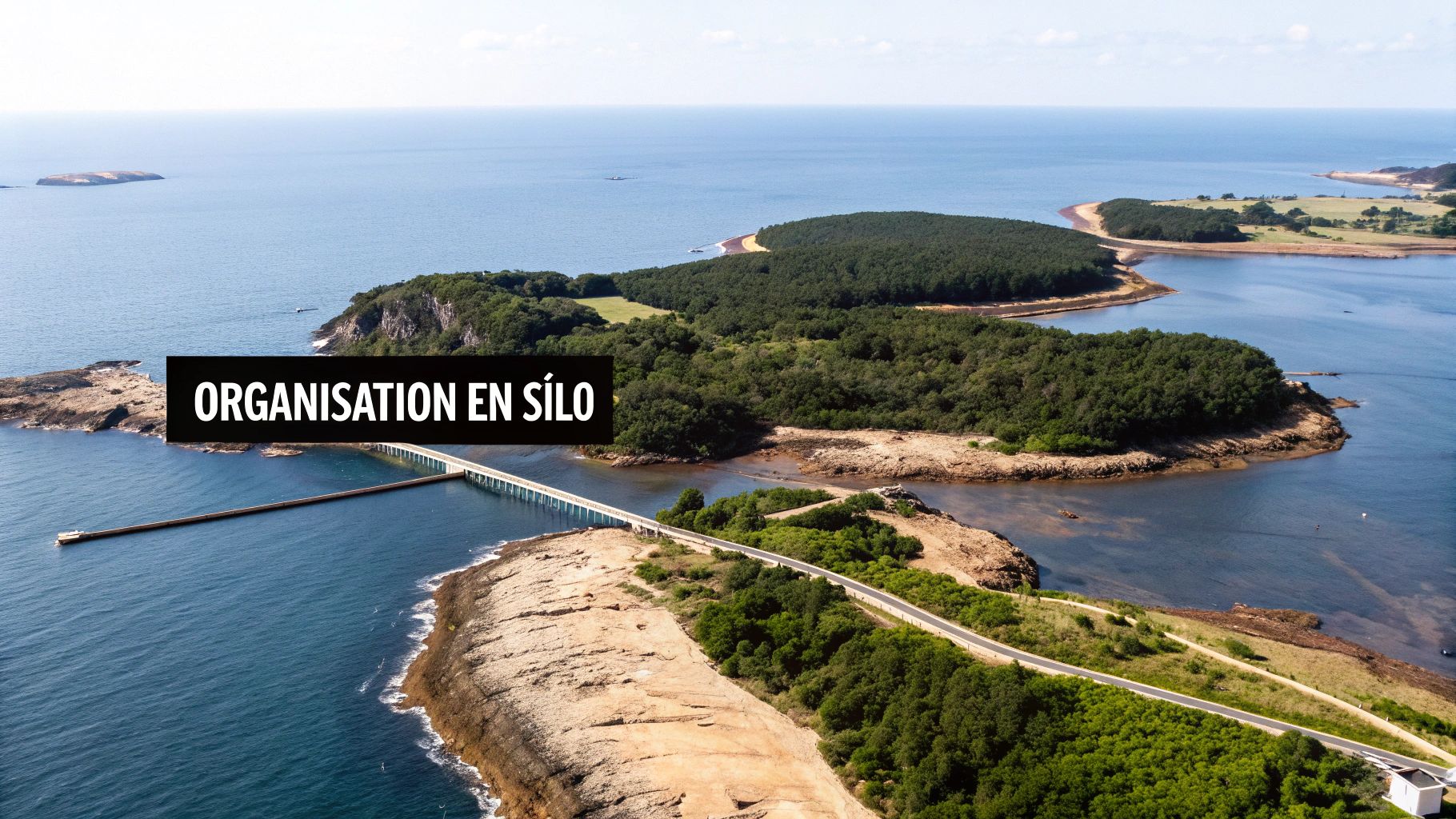 Vue aérienne d'une côte rocheuse avec pont, mer bleue et îles boisées, portant le texte 'ORGANISATION EN SÍLO'.