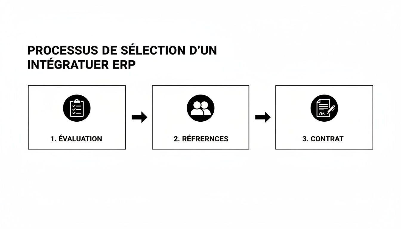 Diagramme montrant le processus de sélection d'un intégrateur ERP en trois étapes: évaluation, références, et contrat.