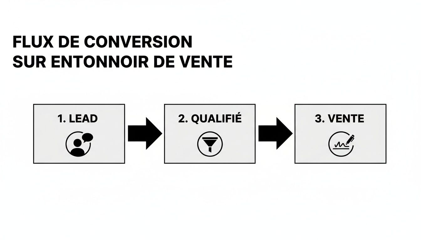 Diagramme illustrant un flux de conversion sur entonnoir de vente en trois étapes: prospect, qualifié et vente.