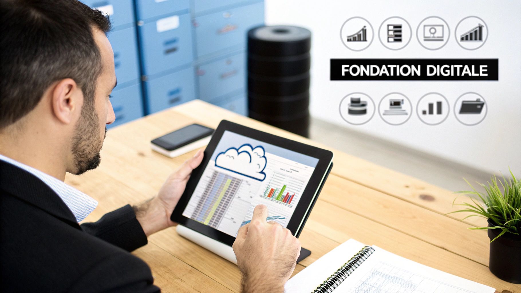 Un homme interagit avec une tablette affichant des données cloud et des graphiques, avec le texte 'Fondation Digitale' en arrière-plan.