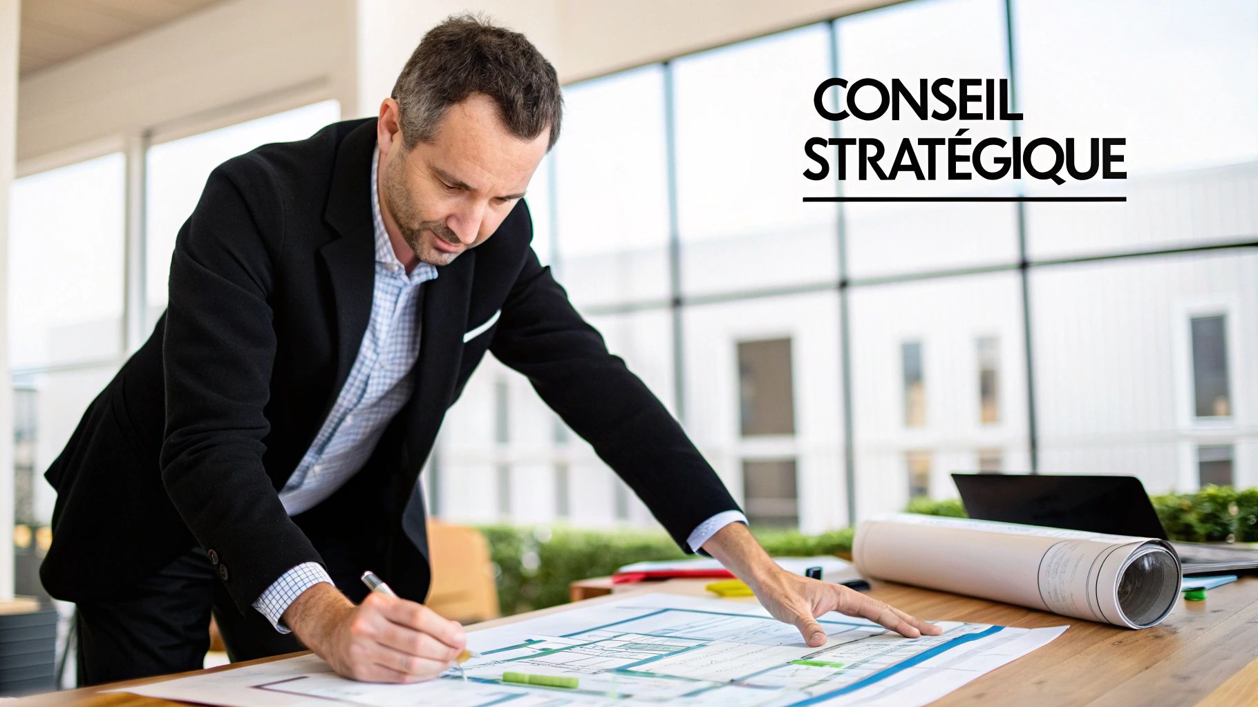 Un homme en costume examine attentivement des plans architecturaux sur une table, avec le texte "CONSEIL STRATÉGIQUE" en arrière-plan.