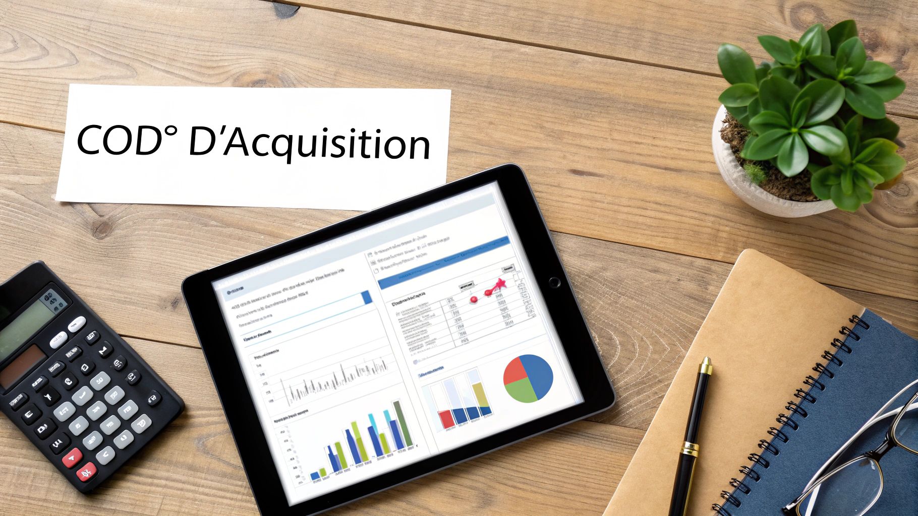 Bureau en bois avec tablette affichant des graphiques de performance, note de coût d'acquisition et calculatrice.