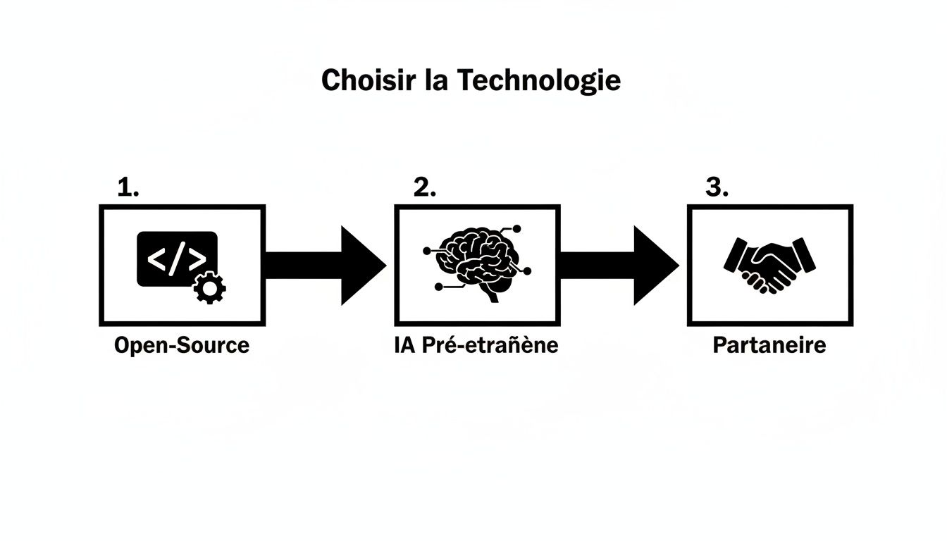 Flux de travail pour choisir une technologie: 1. Open-Source, 2. IA Pré-entraînée, 3. Partenaire.