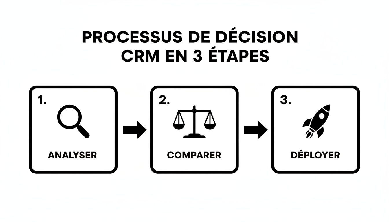 Schéma illustrant le processus de décision CRM en 3 étapes : analyser, comparer et déployer.