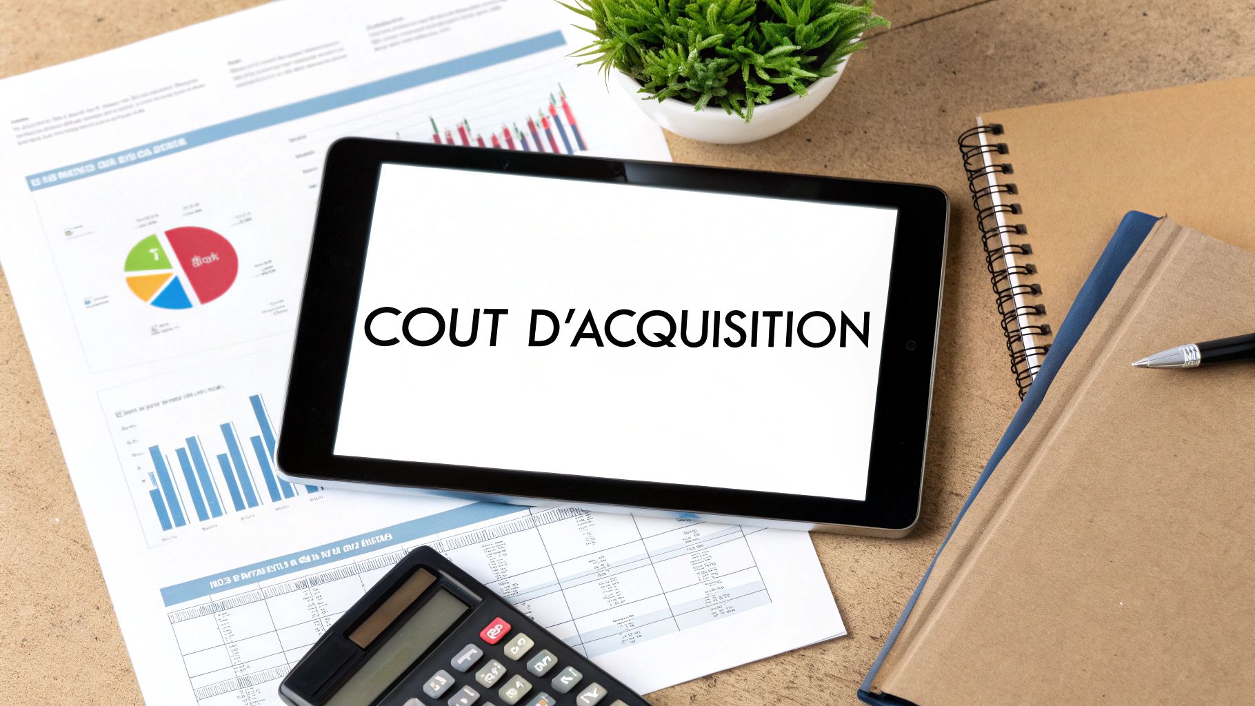 Image d'un bureau avec une tablette affichant 'COUT D'ACQUISITION', des documents financiers, une calculatrice et des carnets.