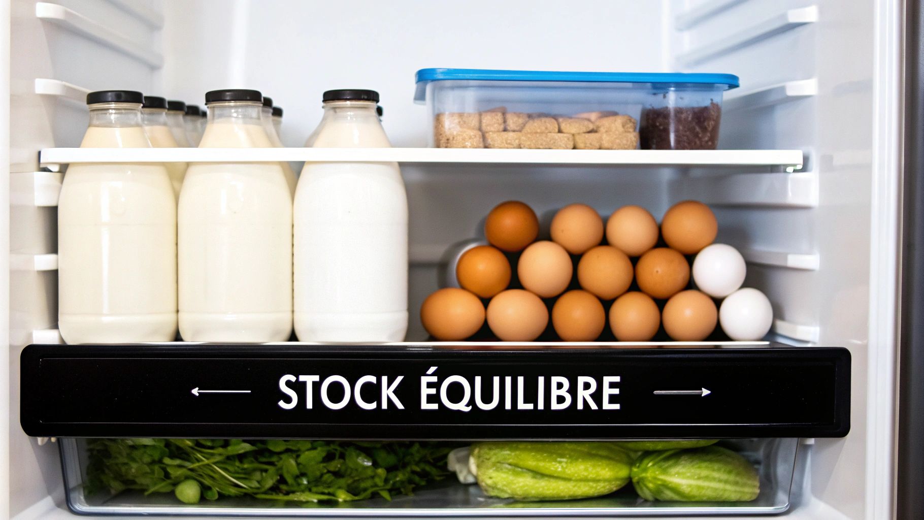 Intérieur d'un réfrigérateur organisé avec bouteilles de lait, œufs, légumes frais, et une étiquette 'STOCK ÉQUILIBRE'.